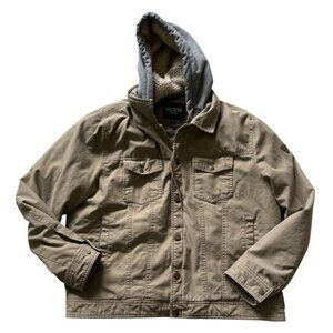 Guess Mens XXL Khaki Jacket Gray Hood Pockets Snap Close